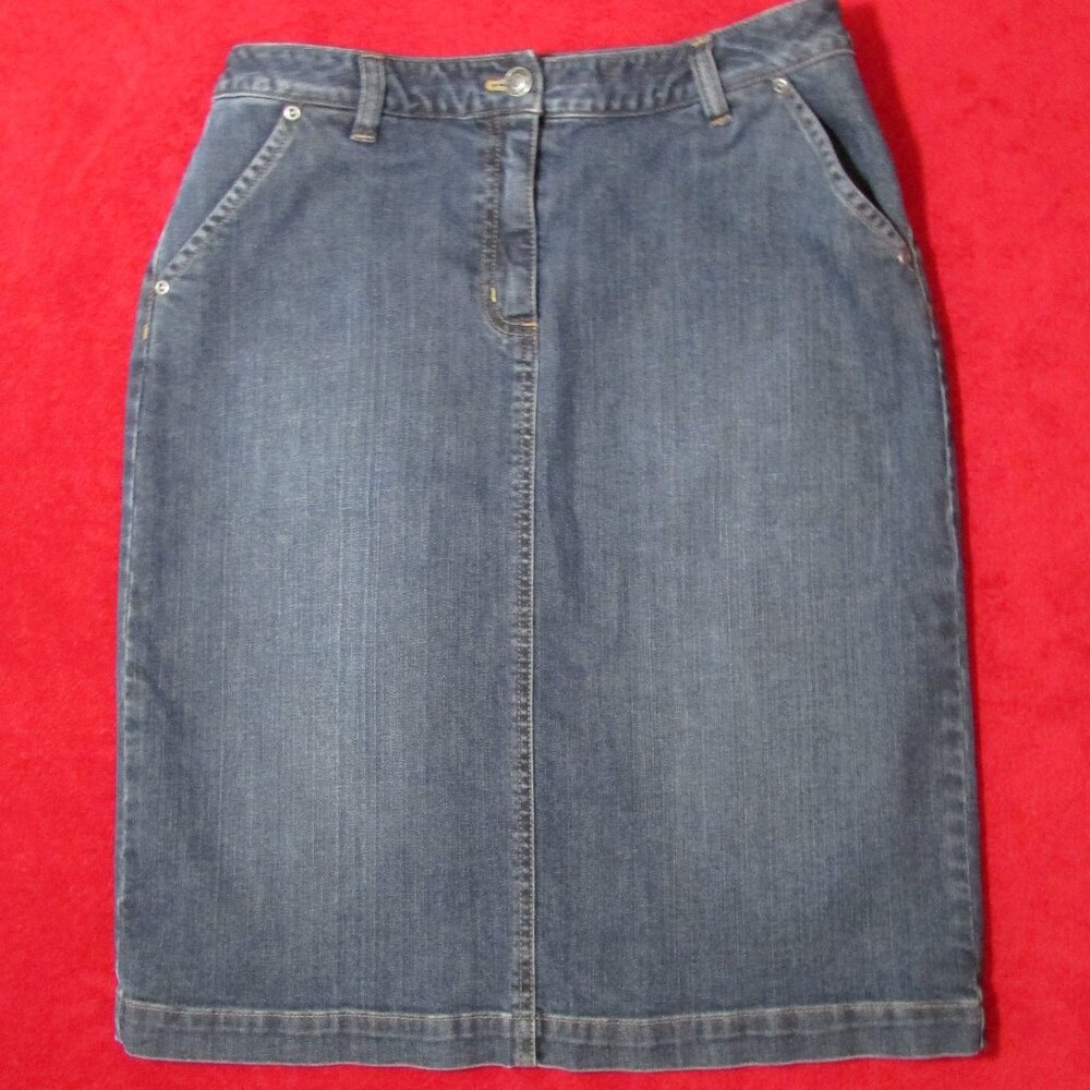 Talbots Denim Blue Jean Skirt Stretch Pockets Midi Length - Picture 2 of 5
